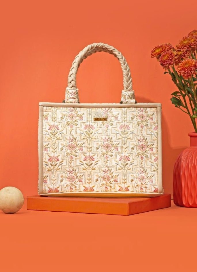 Amyra Ivory Embroidered Silk HandbagFabilicious Fashion