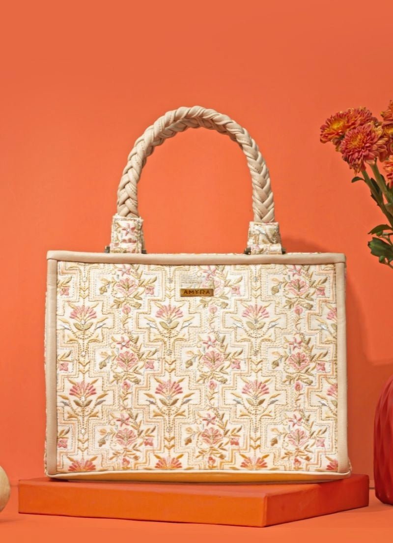 Amyra Ivory Embroidered Silk HandbagFabilicious Fashion