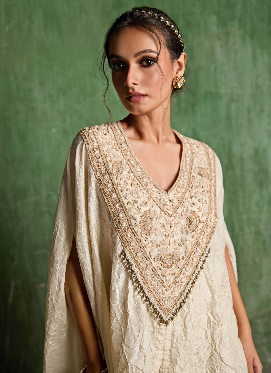 Prisho Ivory Embroidered Silk Kaftan Pants SetFabilicious Fashion