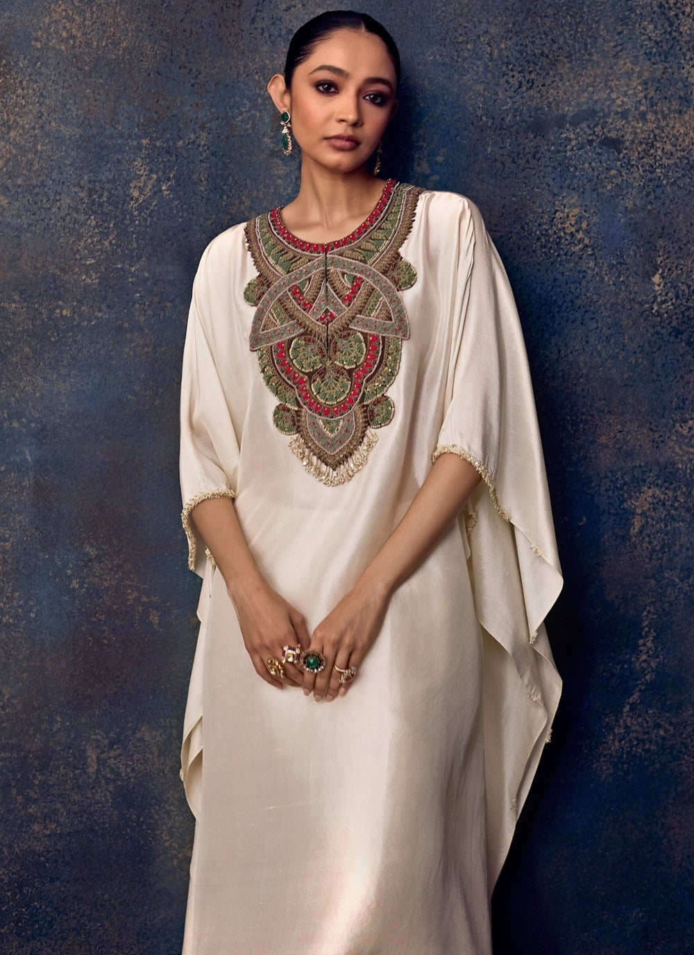 Prisho Ivory Embroidered Silk Kaftan Pants SetFabilicious Fashion
