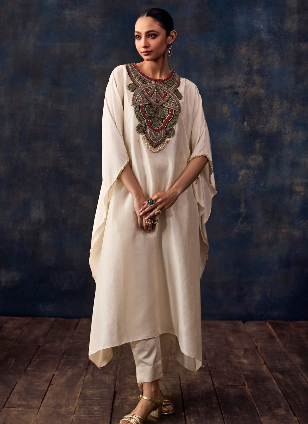 Prisho Ivory Embroidered Silk Kaftan Pants SetFabilicious Fashion