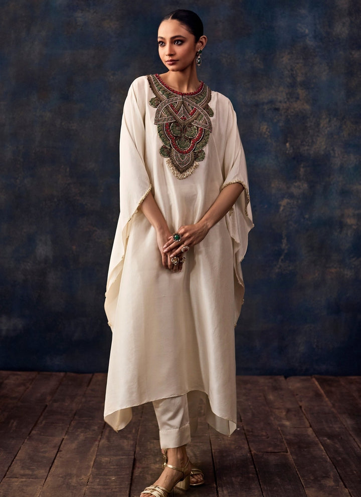 Prisho Ivory Embroidered Silk Kaftan Pants SetFabilicious Fashion