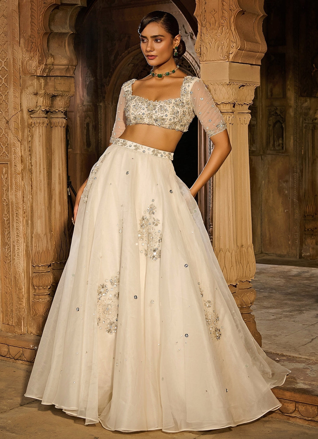 Ivory Embroidered Silk Organza Lehenga Set Zoon Tribe - Fabilicious Fashion