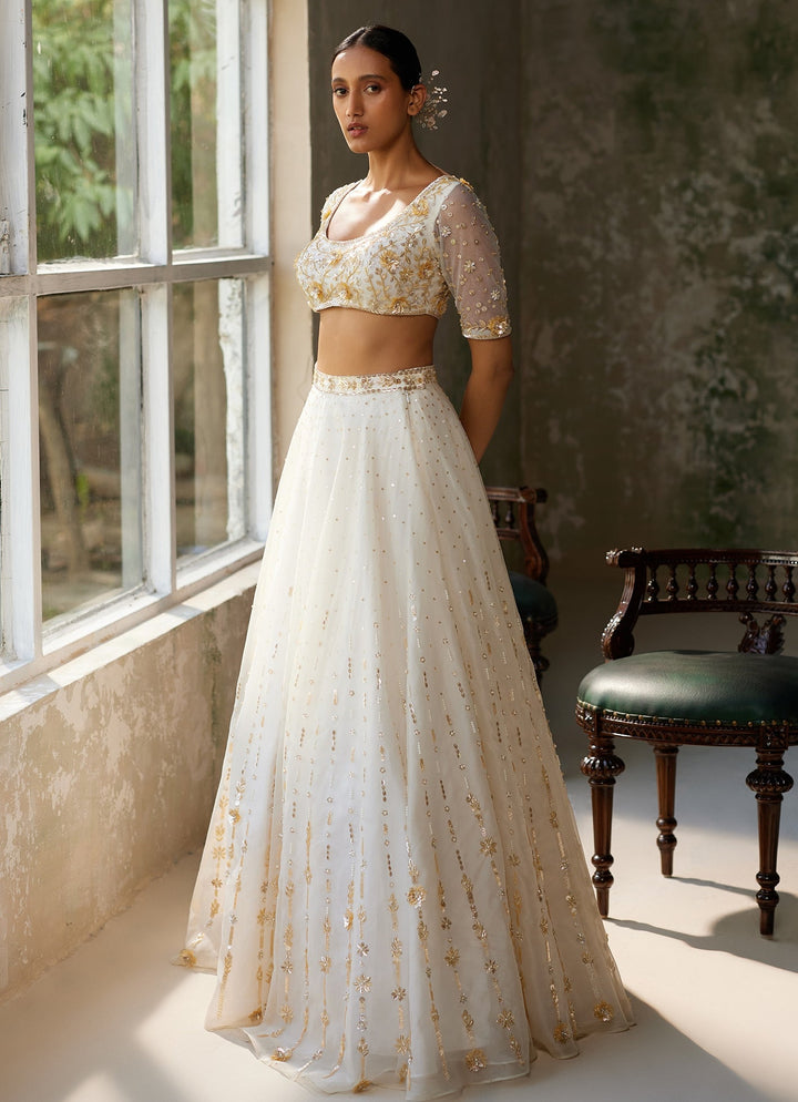 Ivory Embroidered Silk Organza Lehenga With Half Sleeved Blouse Zoon Tribe - Fabilicious Fashion