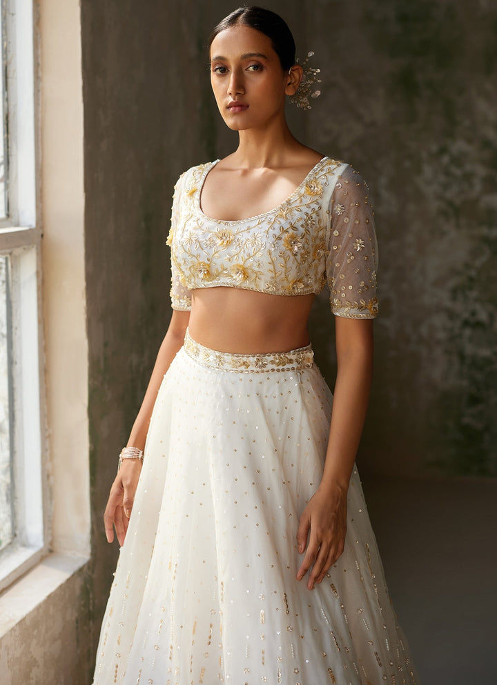 Ivory Embroidered Silk Organza Lehenga With Half Sleeved Blouse Zoon Tribe - Fabilicious Fashion