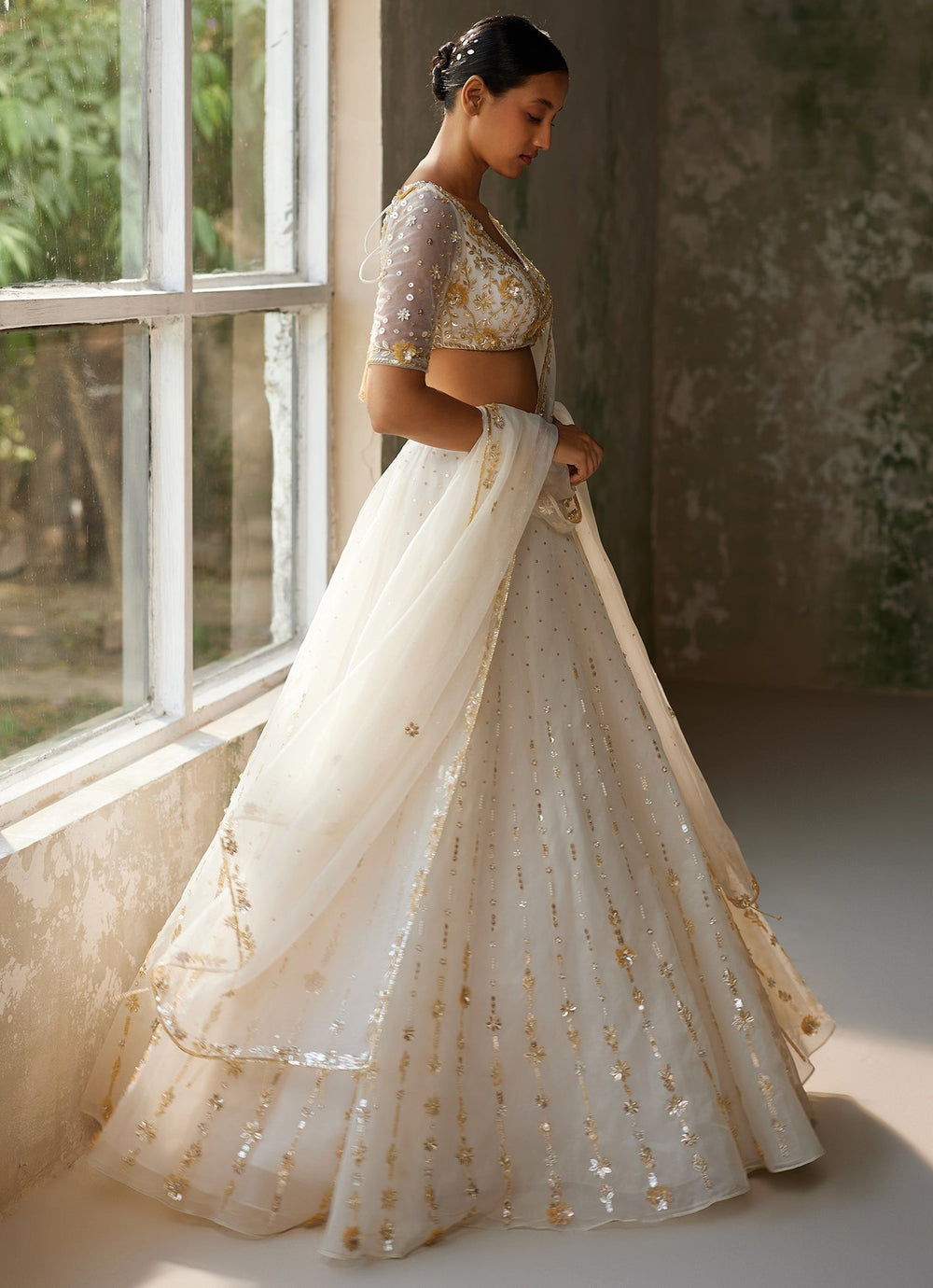 Ivory Embroidered Silk Organza Lehenga With Half Sleeved Blouse Zoon Tribe - Fabilicious Fashion