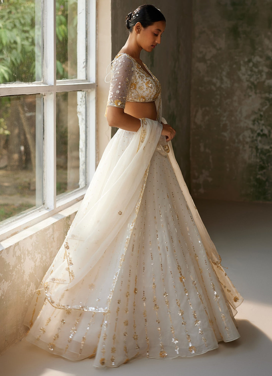 Ivory Embroidered Silk Organza Lehenga With Half Sleeved Blouse Zoon Tribe - Fabilicious Fashion