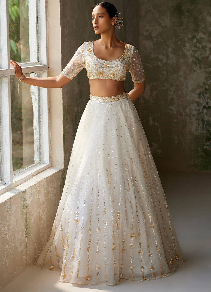 Ivory Embroidered Silk Organza Lehenga With Half Sleeved Blouse Zoon Tribe - Fabilicious Fashion