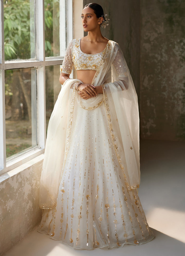 Ivory Embroidered Silk Organza Lehenga With Half Sleeved Blouse Zoon Tribe - Fabilicious Fashion