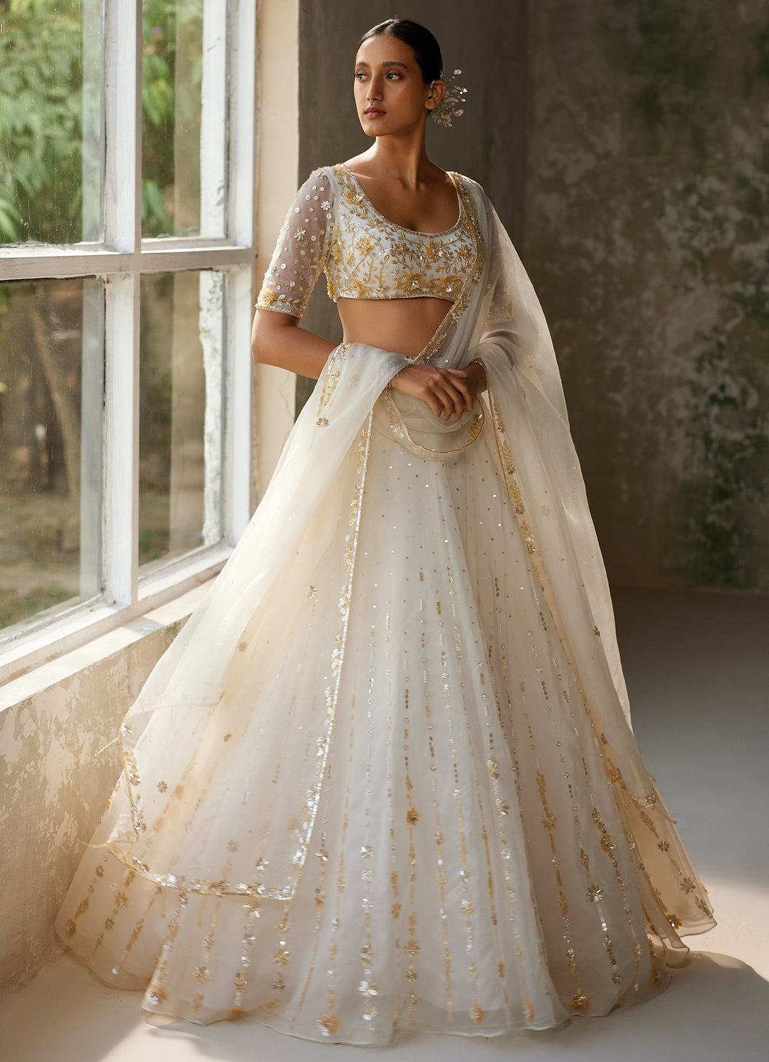 Ivory Embroidered Silk Organza Lehenga With Half Sleeved Blouse Zoon Tribe - Fabilicious Fashion