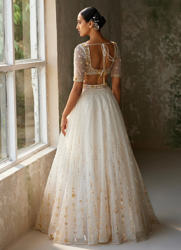 Ivory Embroidered Silk Organza Lehenga With Half Sleeved Blouse Zoon Tribe - Fabilicious Fashion