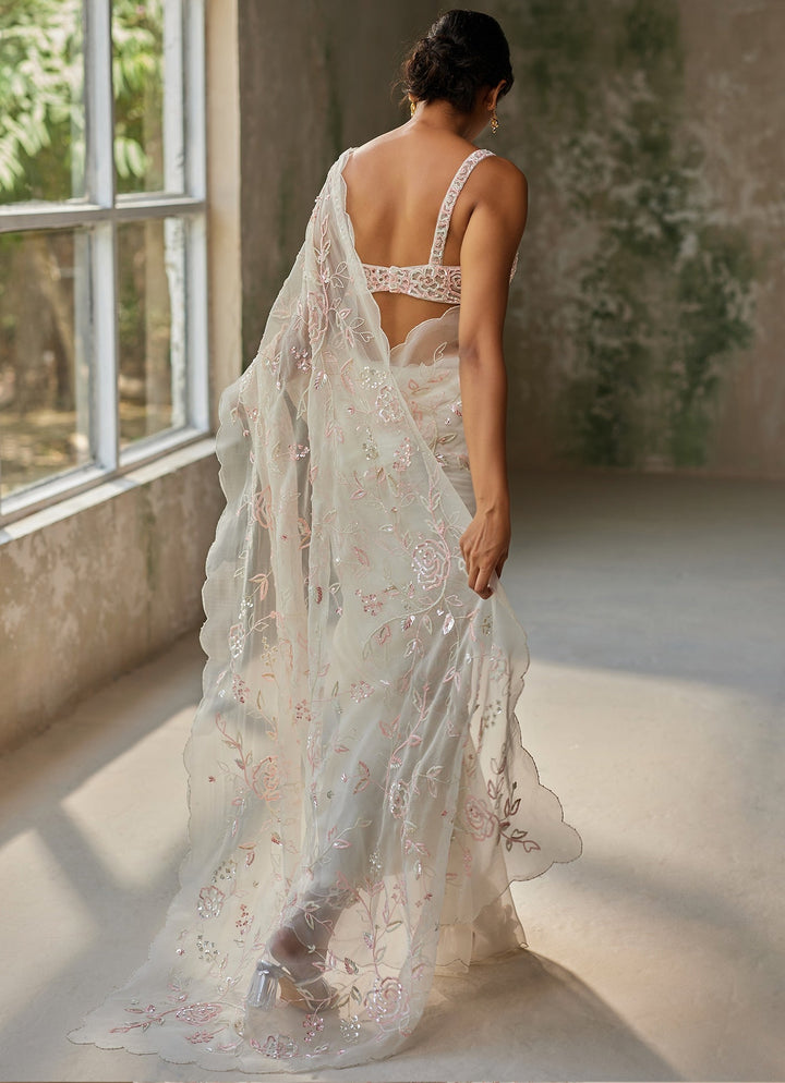 Ivory Embroidered Silk Organza Saree Zoon Tribe - Fabilicious Fashion