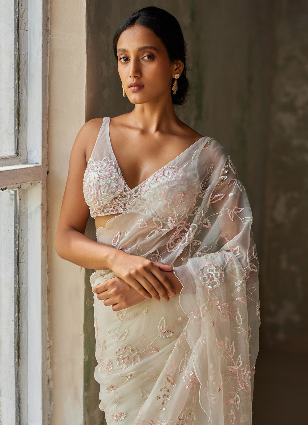 Ivory Embroidered Silk Organza Saree Zoon Tribe - Fabilicious Fashion