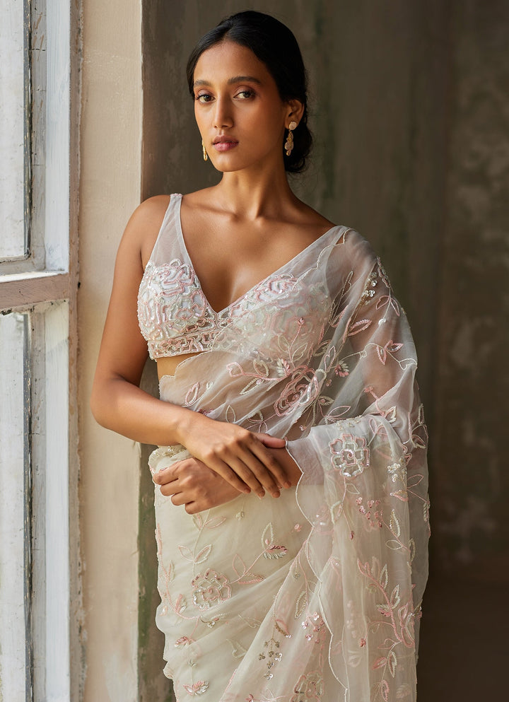 Ivory Embroidered Silk Organza Saree Zoon Tribe - Fabilicious Fashion