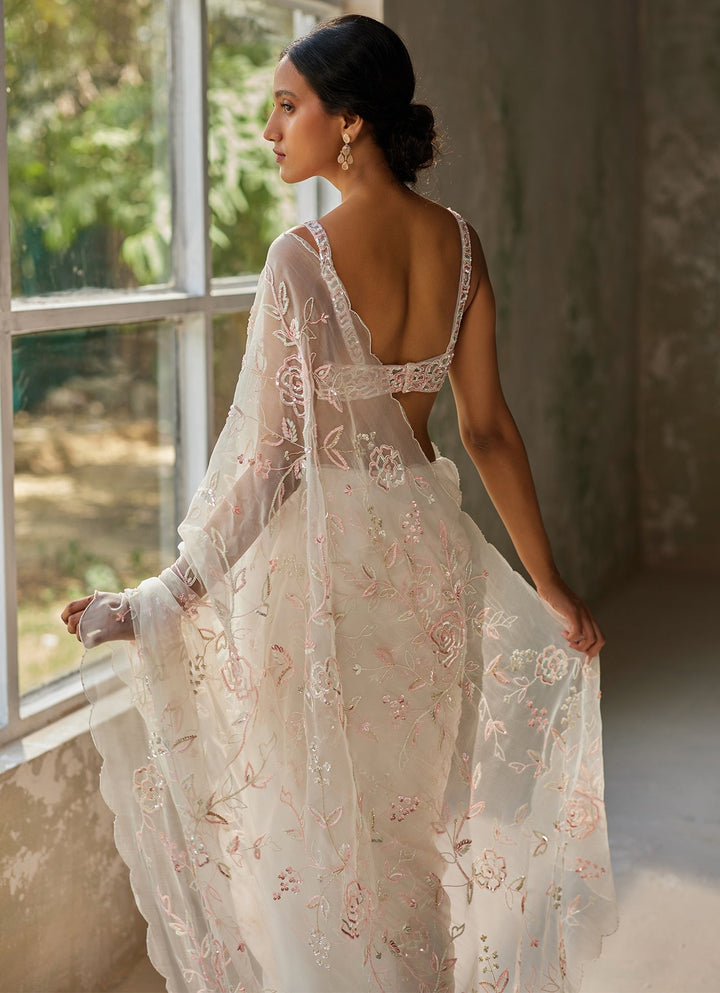 Ivory Embroidered Silk Organza Saree Zoon Tribe - Fabilicious Fashion