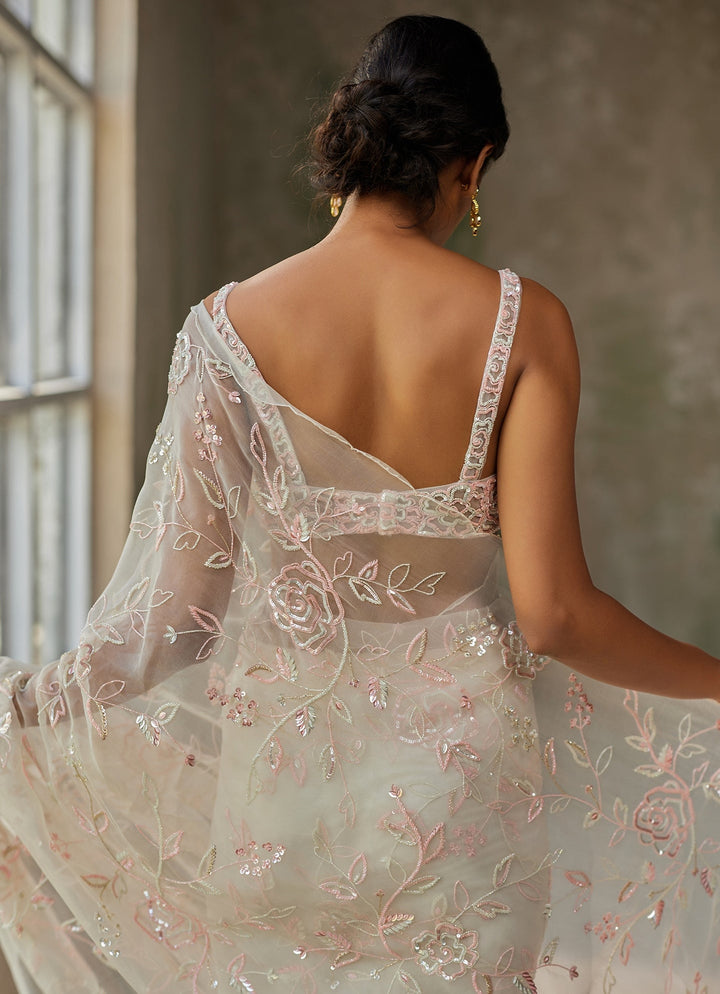 Ivory Embroidered Silk Organza Saree Zoon Tribe - Fabilicious Fashion