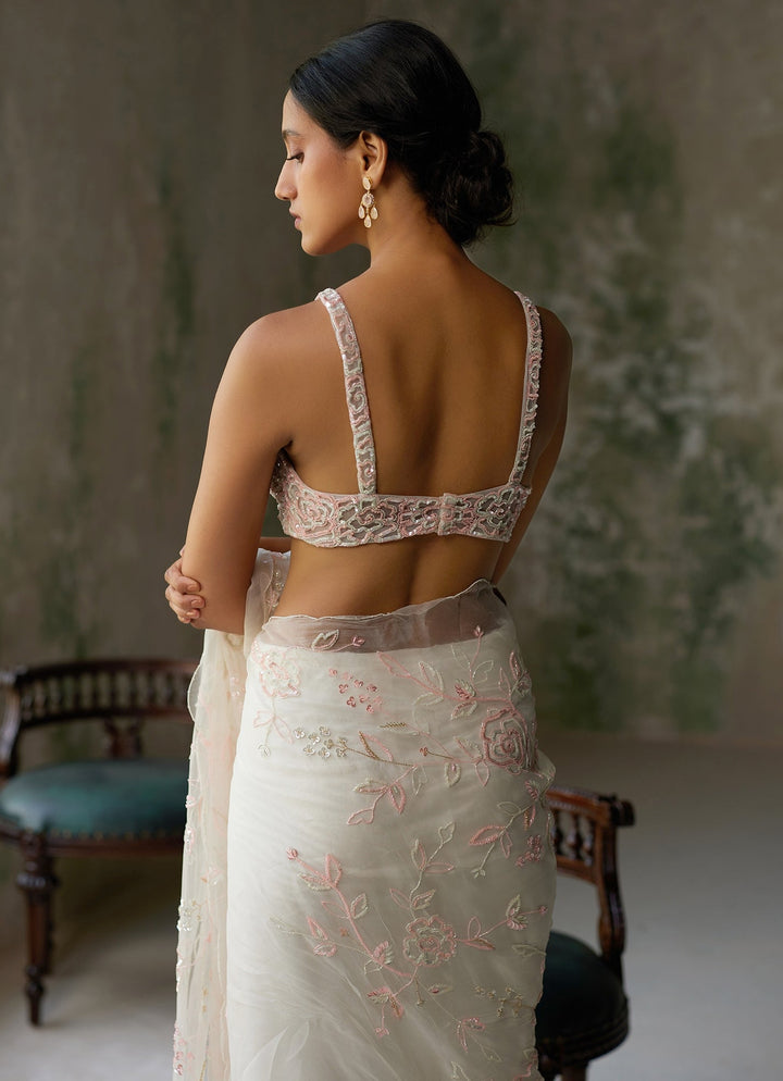 Ivory Embroidered Silk Organza Saree Zoon Tribe - Fabilicious Fashion