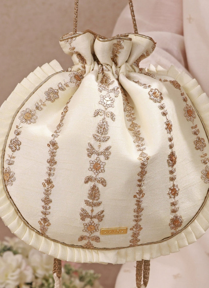 Amyra Ivory Embroidered Silk Pleated PotliFabilicious Fashion