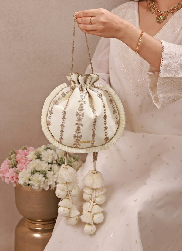 Ivory Embroidered Silk Pleated Potli