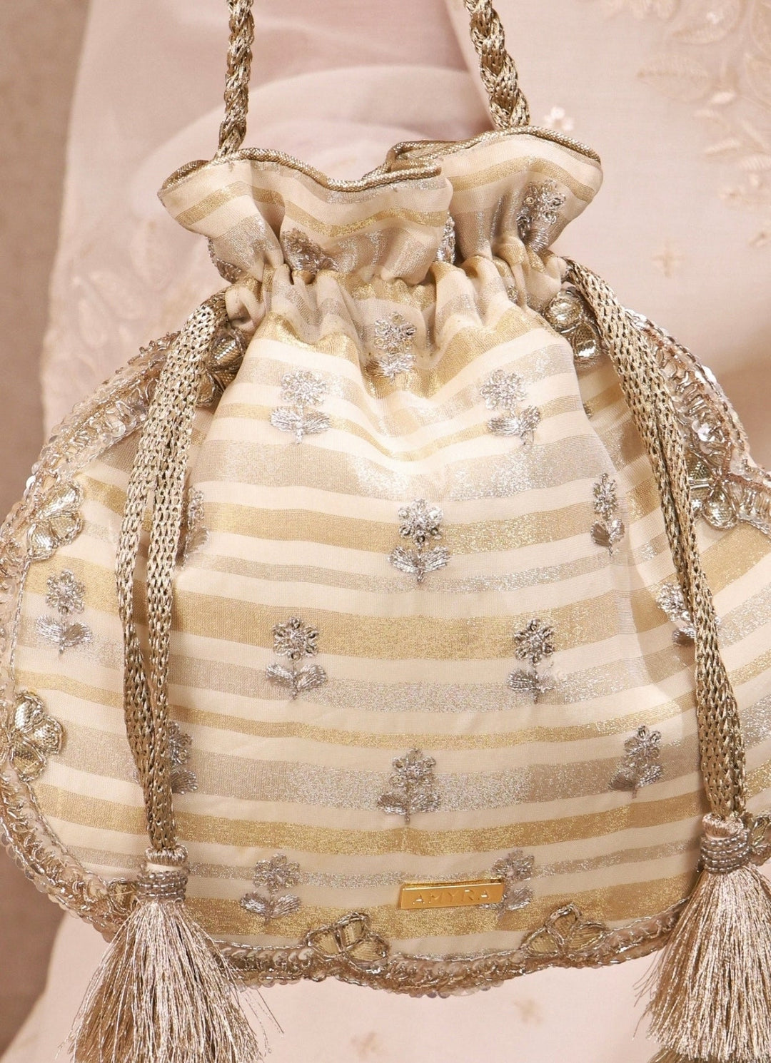 Amyra Ivory Embroidered Silk Scallop PotliFabilicious Fashion