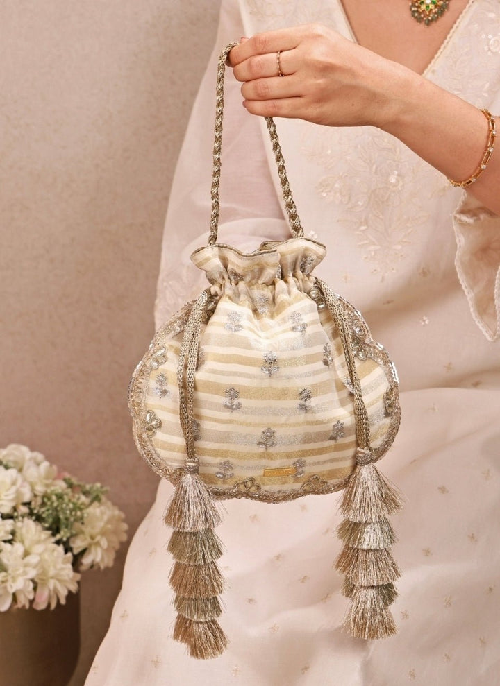 Amyra Ivory Embroidered Silk Scallop PotliFabilicious Fashion