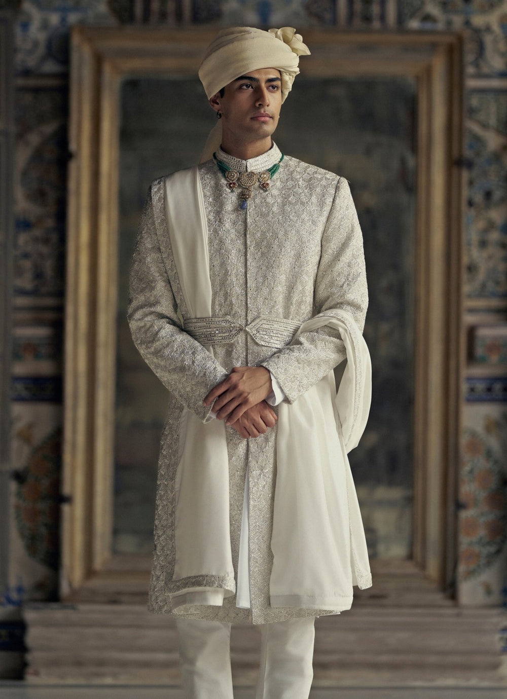 Ivory Embroidered Silk Sherwani Nitika Gujral - Men - Fabilicious Fashion