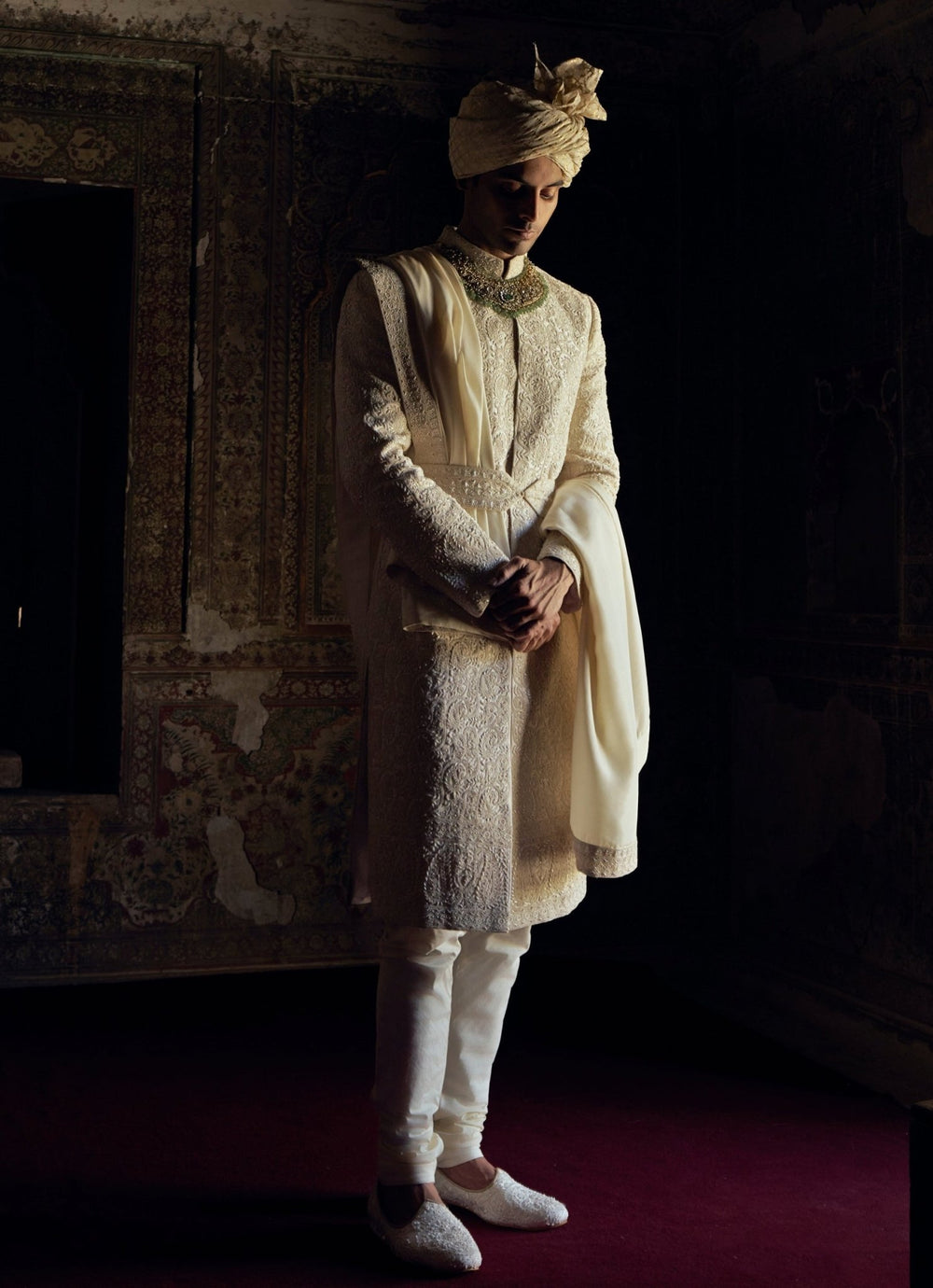 Ivory Embroidered Silk Sherwani Nitika Gujral - Men - Fabilicious Fashion