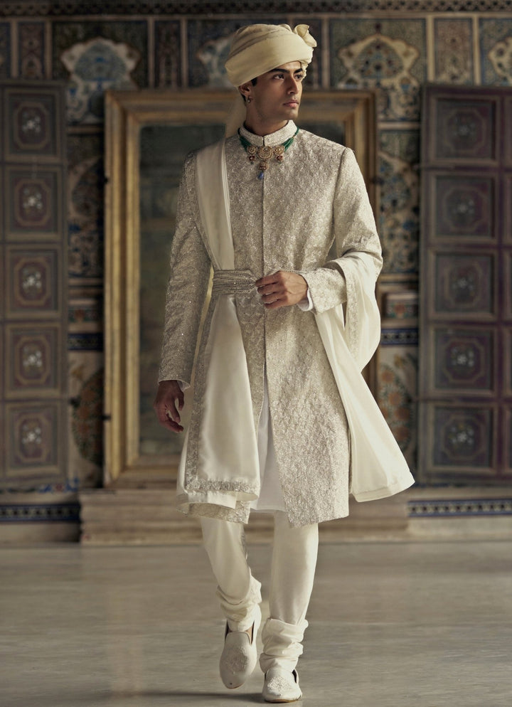 Ivory Embroidered Silk Sherwani Nitika Gujral - Men - Fabilicious Fashion