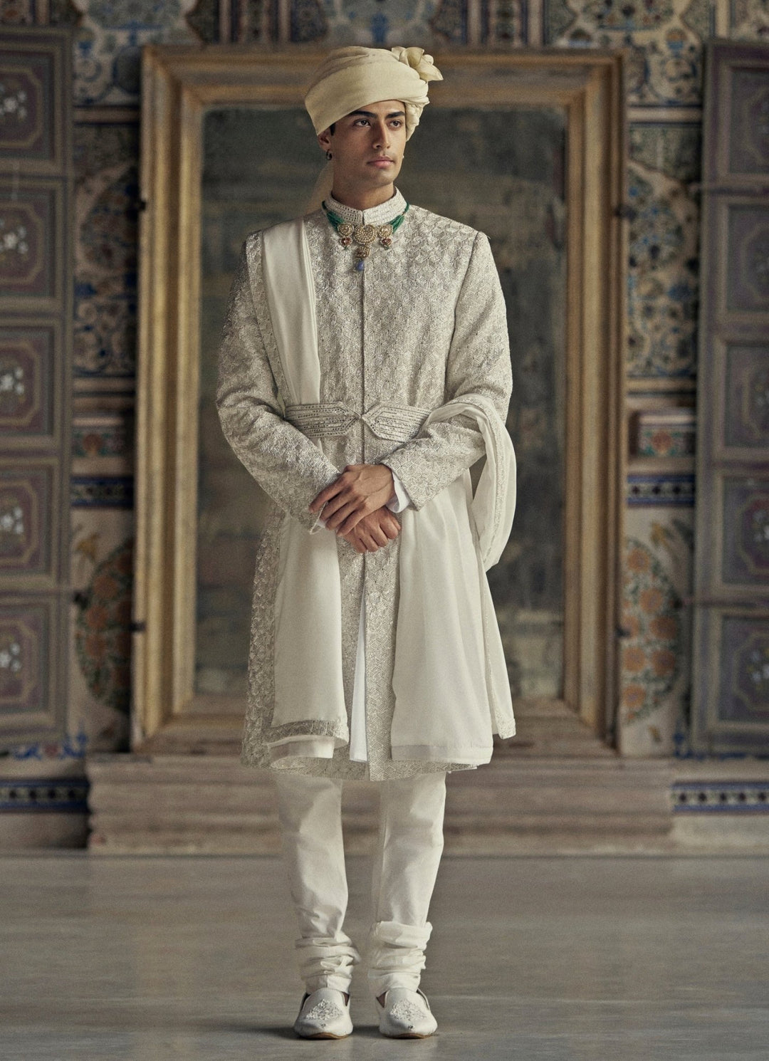 Ivory Embroidered Silk Sherwani Nitika Gujral - Men - Fabilicious Fashion