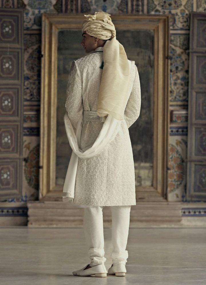 Ivory Embroidered Silk Sherwani Nitika Gujral - Men - Fabilicious Fashion