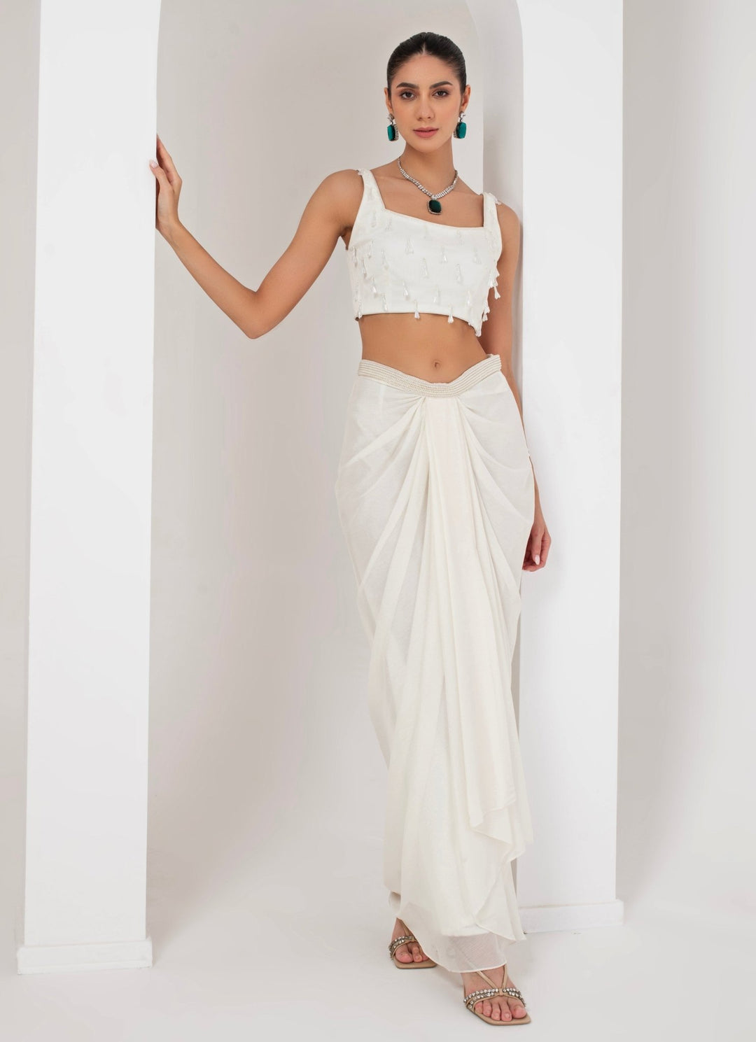 Ivory Embroidered Skirt Set with Cape Akara - Fabilicious Fashion