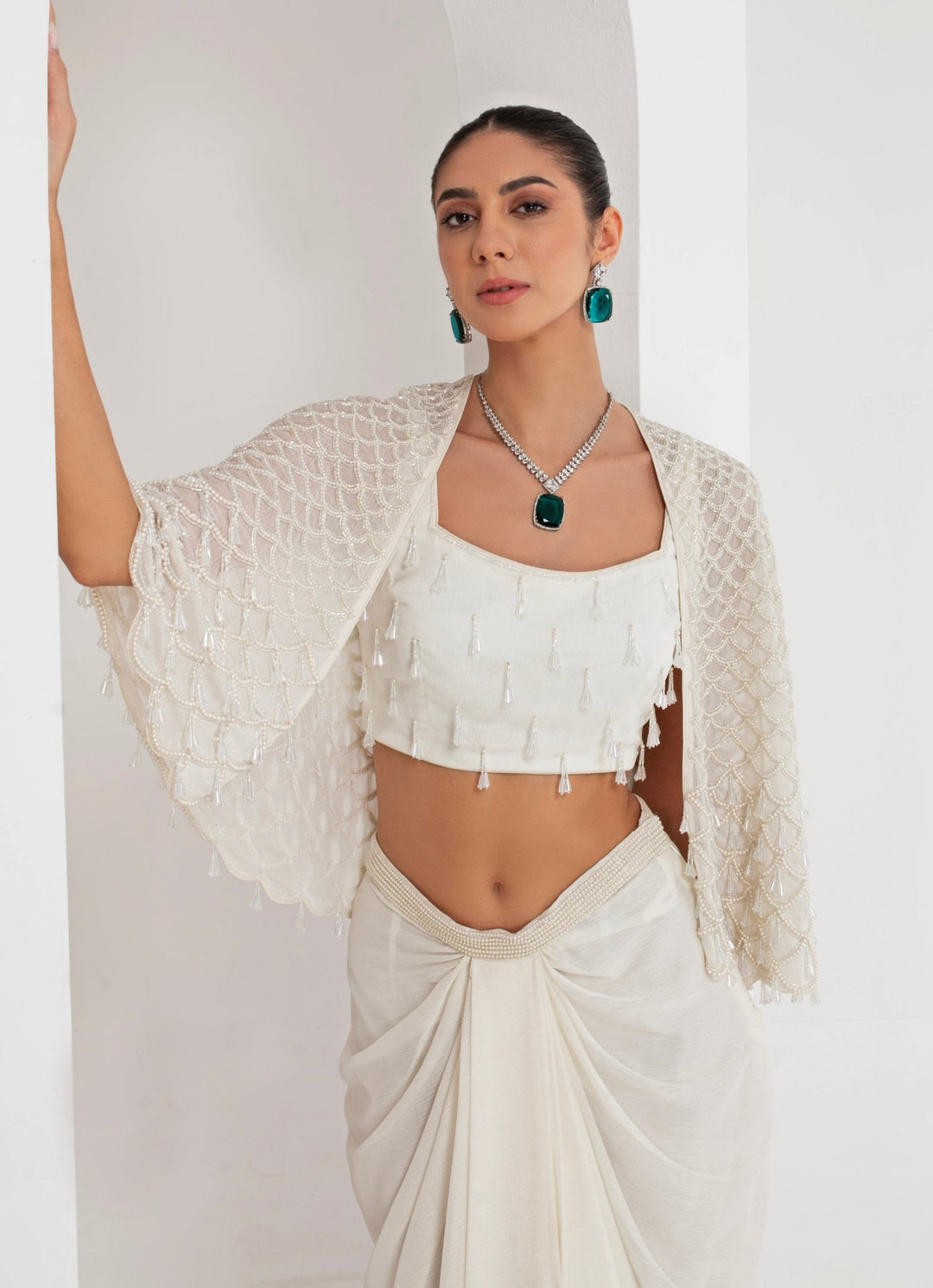 Ivory Embroidered Skirt Set with Cape Akara - Fabilicious Fashion