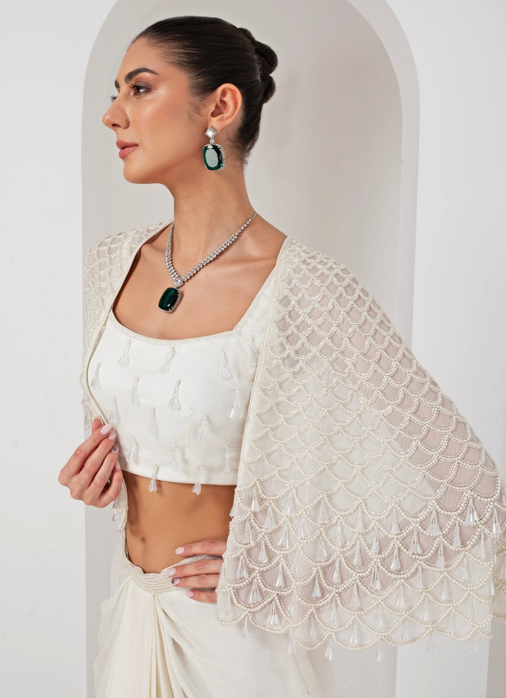 Ivory Embroidered Skirt Set with Cape Akara - Fabilicious Fashion