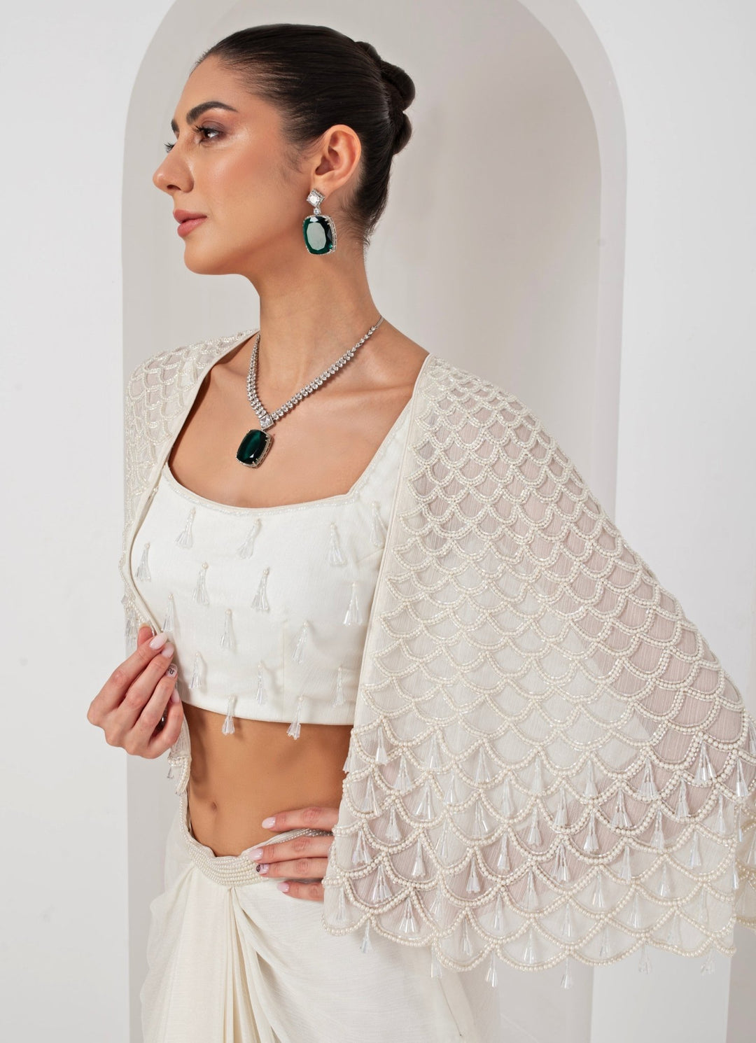 Ivory Embroidered Skirt Set with Cape Akara - Fabilicious Fashion