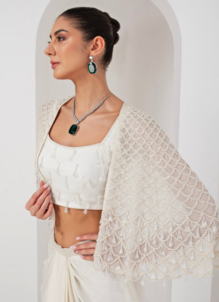 Ivory Embroidered Skirt Set with Cape Akara - Fabilicious Fashion