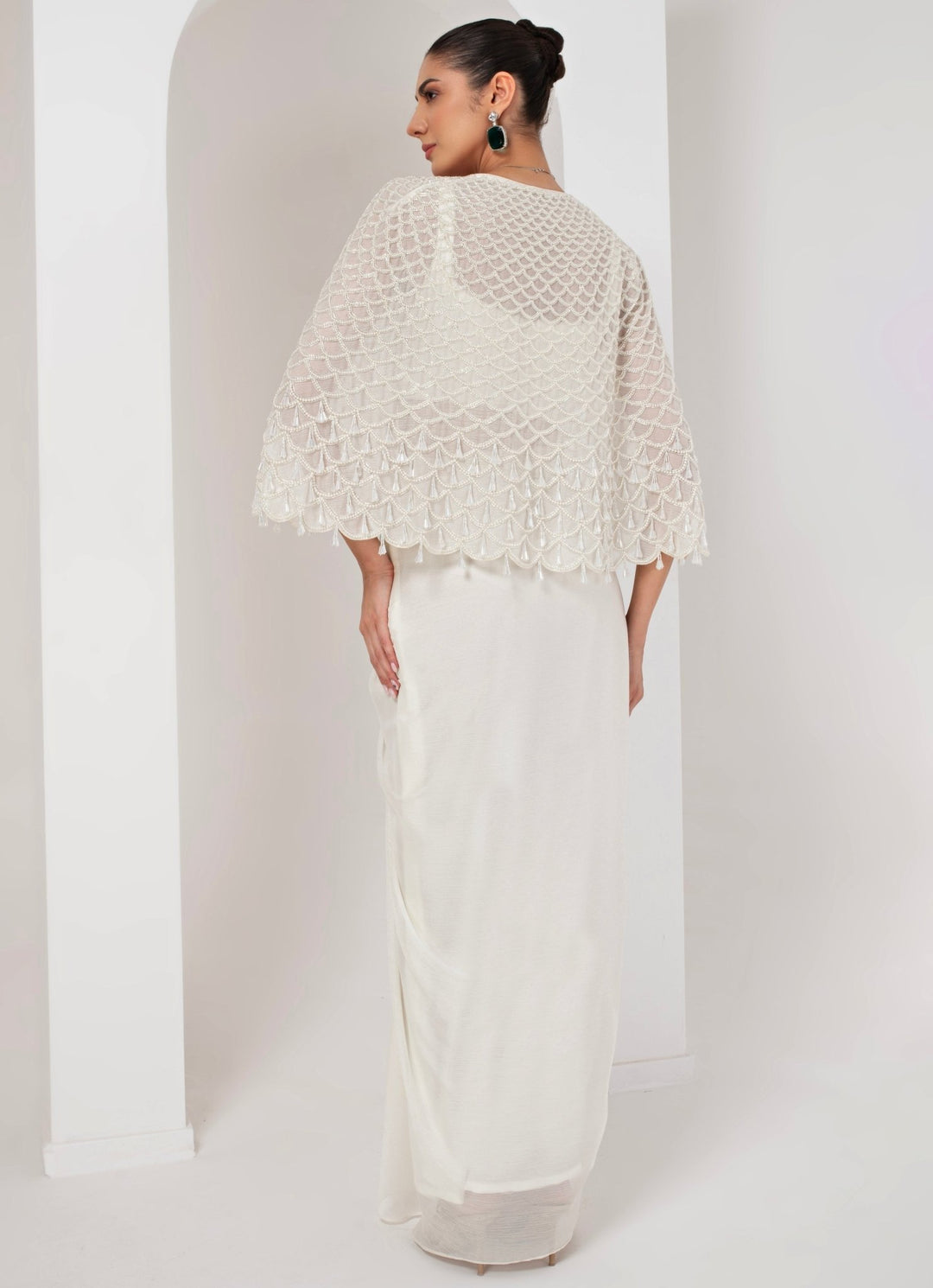 Ivory Embroidered Skirt Set with Cape Akara - Fabilicious Fashion