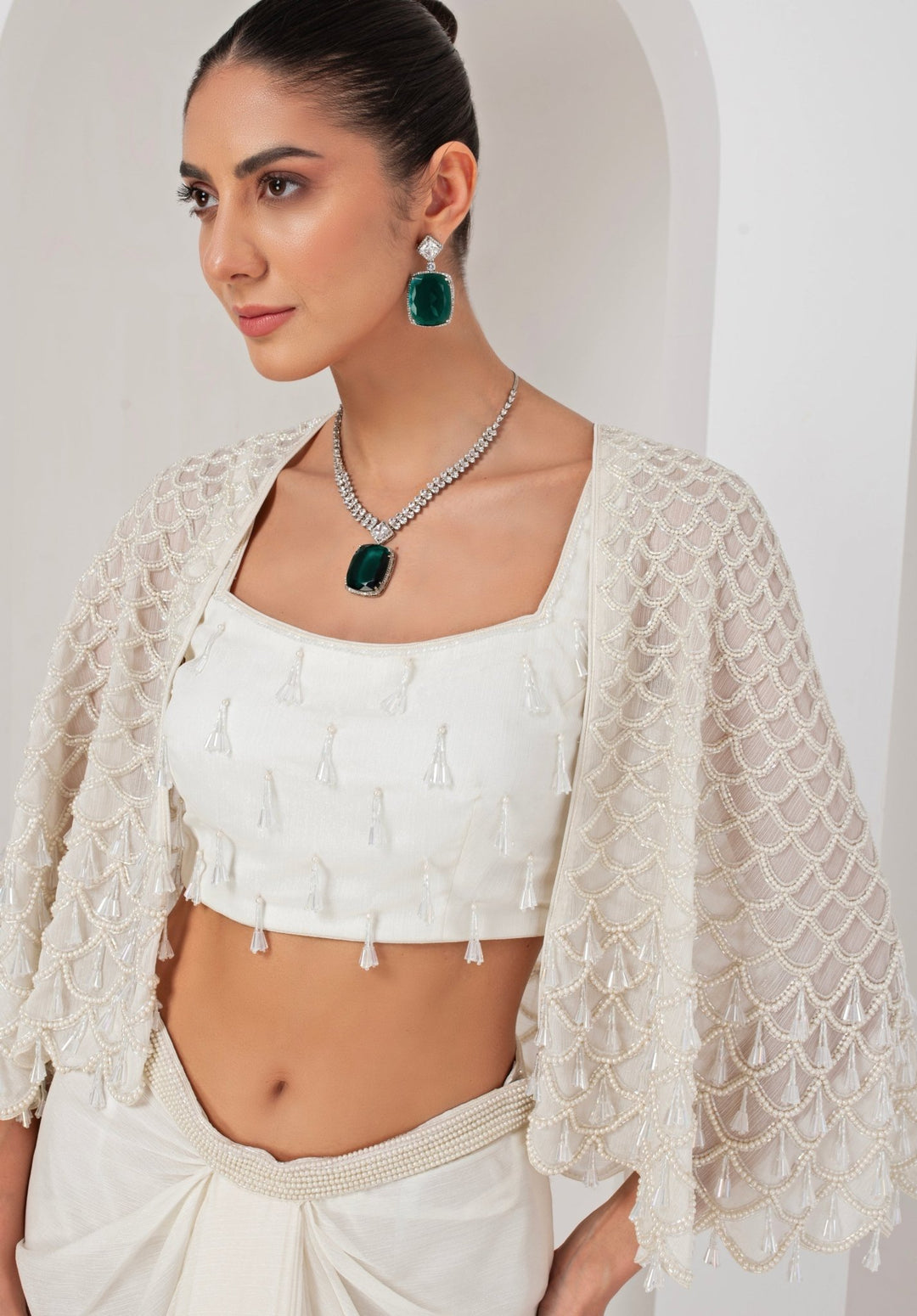 Ivory Embroidered Skirt Set with Cape Akara - Fabilicious Fashion