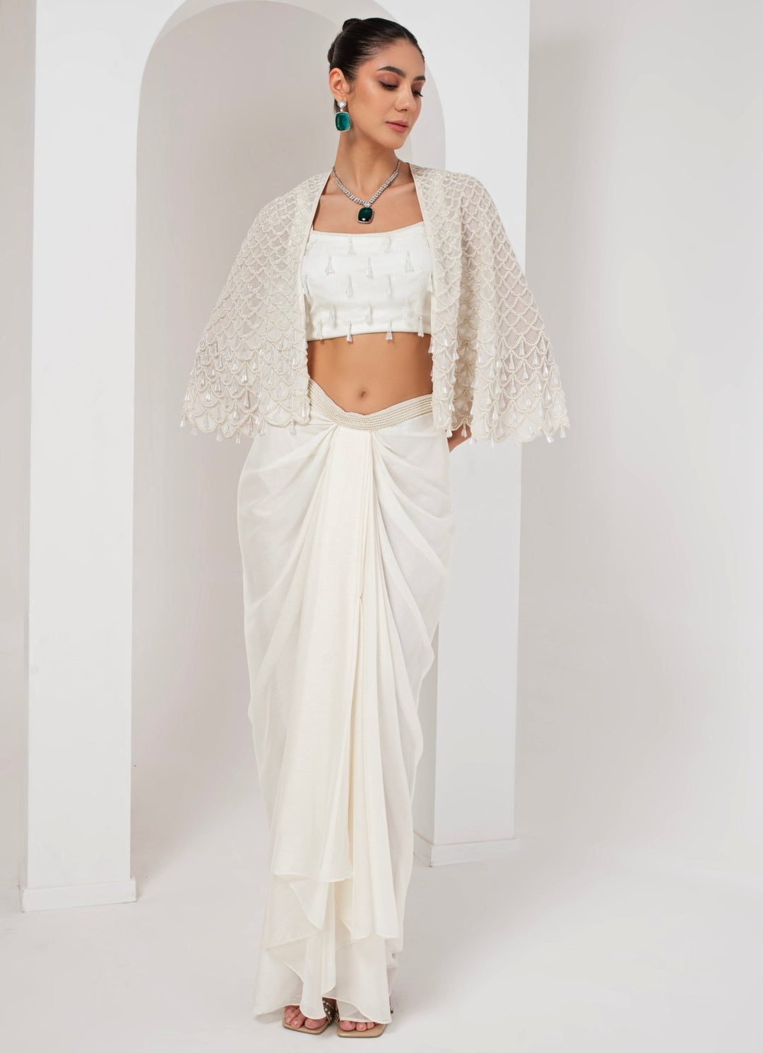 Ivory Embroidered Skirt Set with Cape Akara - Fabilicious Fashion