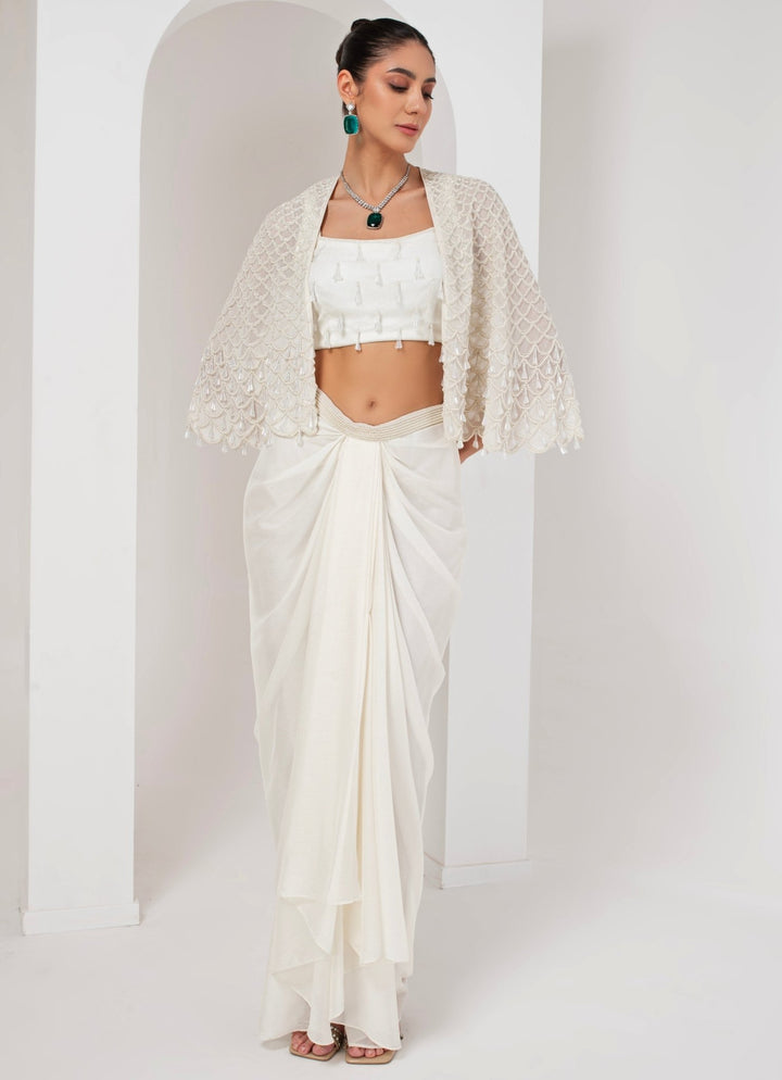 Ivory Embroidered Skirt Set with Cape Akara - Fabilicious Fashion