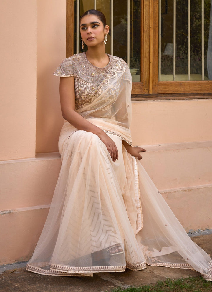 Ivory Embroidered Soft Net Saree Set Isha Gupta Tayal - Fabilicious Fashion