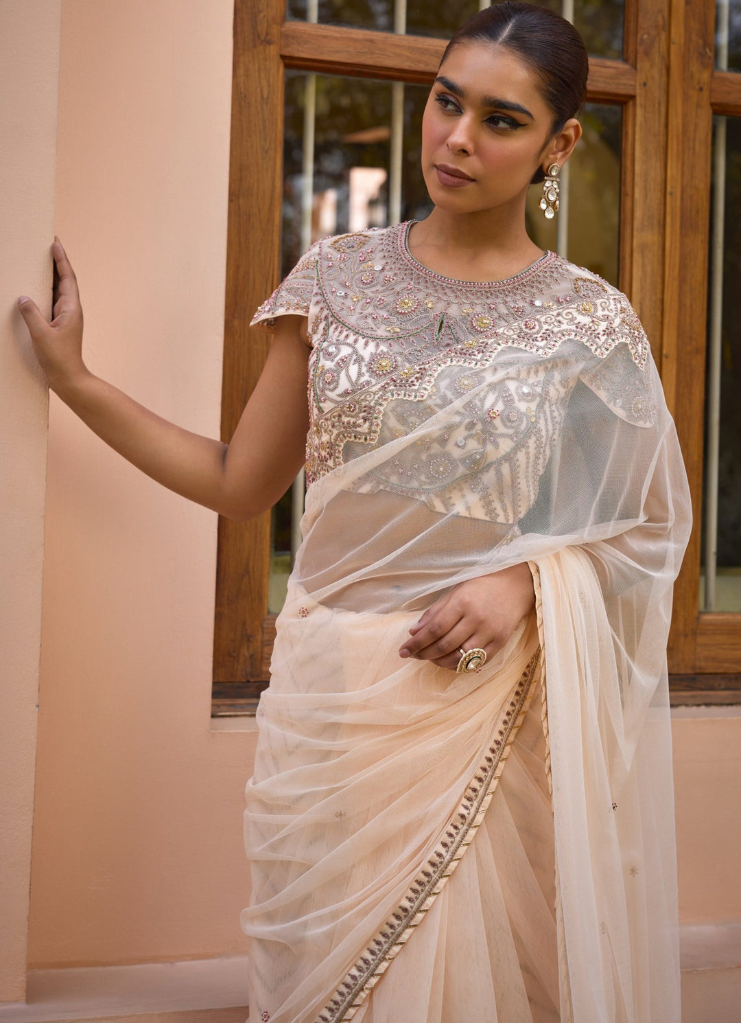 Ivory Embroidered Soft Net Saree Set Isha Gupta Tayal - Fabilicious Fashion