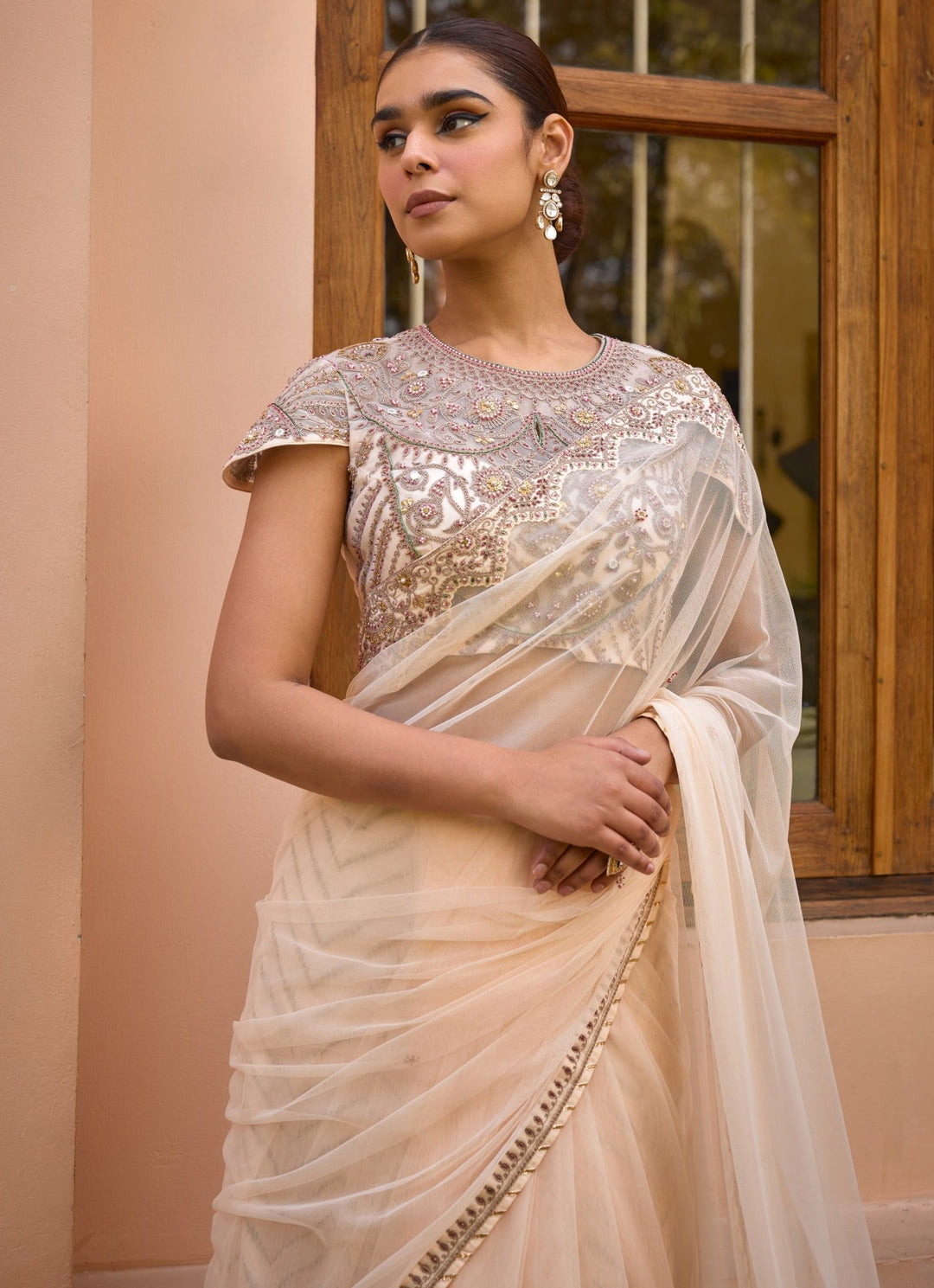 Ivory Embroidered Soft Net Saree Set Isha Gupta Tayal - Fabilicious Fashion