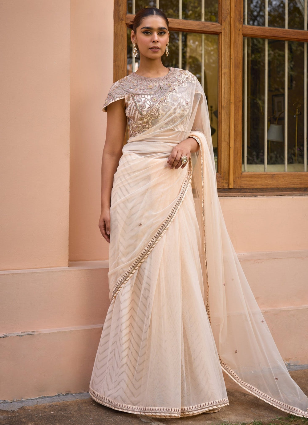 Ivory Embroidered Soft Net Saree Set Isha Gupta Tayal - Fabilicious Fashion