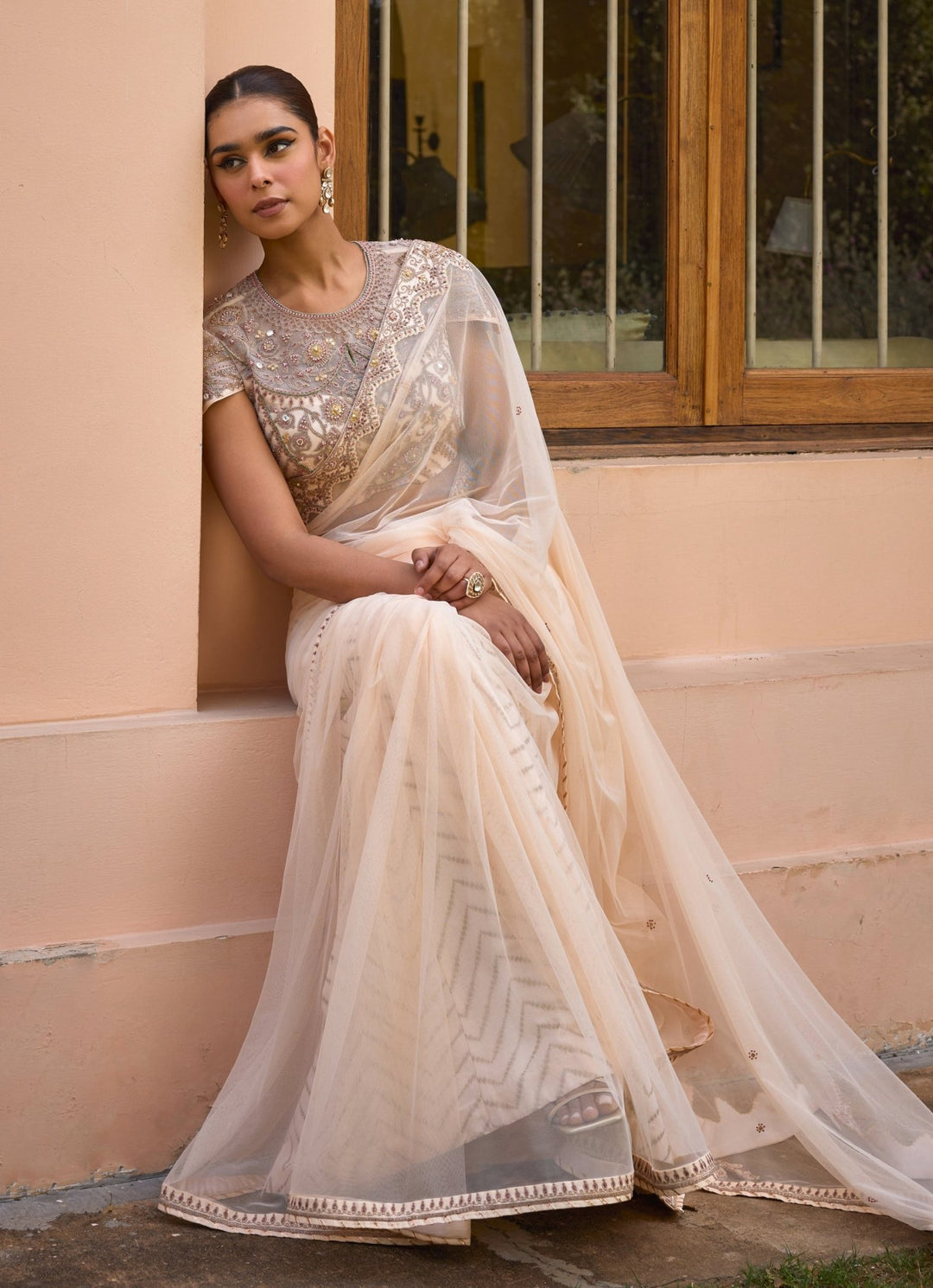 Ivory Embroidered Soft Net Saree Set Isha Gupta Tayal - Fabilicious Fashion