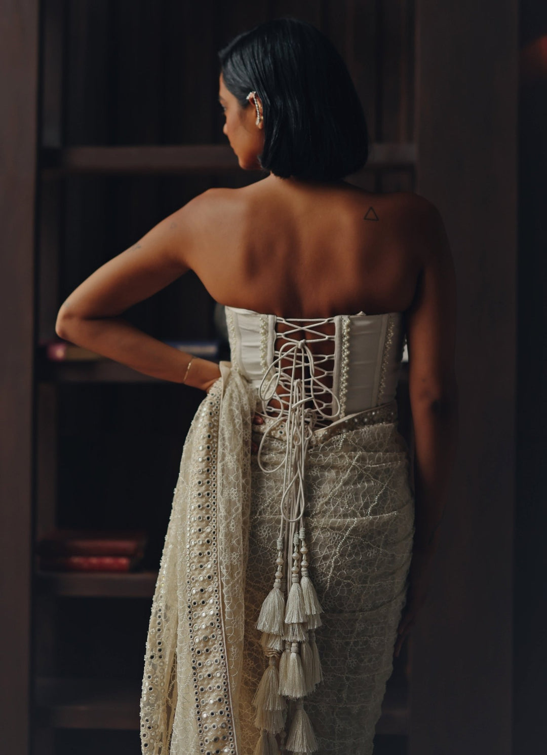 Ivory Embroidered Soft Net Saree With Corset Twenty Nine - Fabilicious Fashion