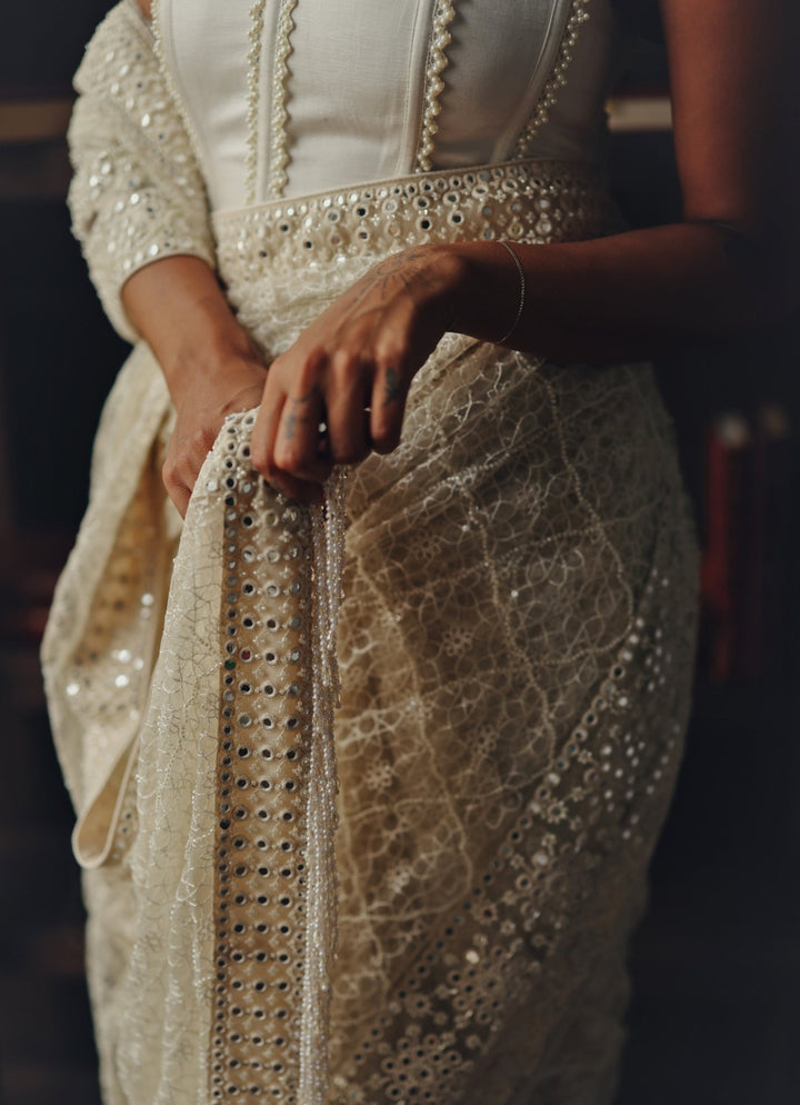 Ivory Embroidered Soft Net Saree With Corset Twenty Nine - Fabilicious Fashion
