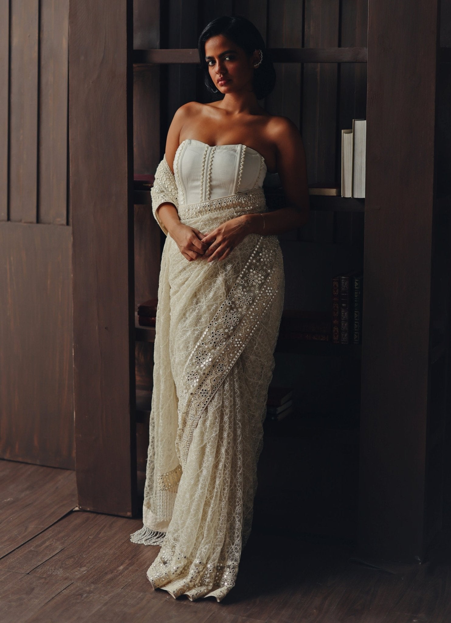 Ivory lace saree with corset blouse for elegant wedding guest outfit