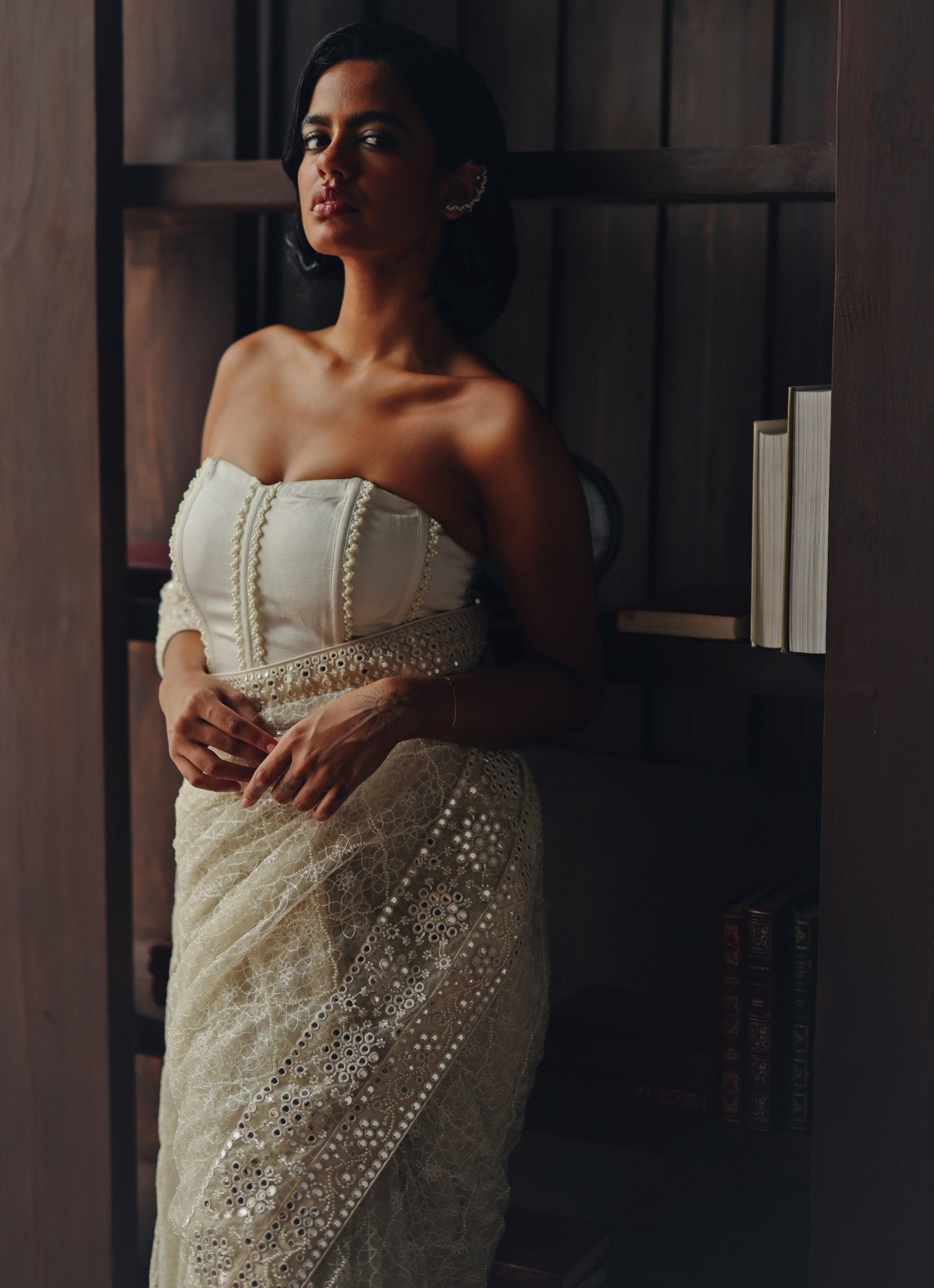 Ivory embroidered soft net pre-draped saree with corset for nikah wedding guest