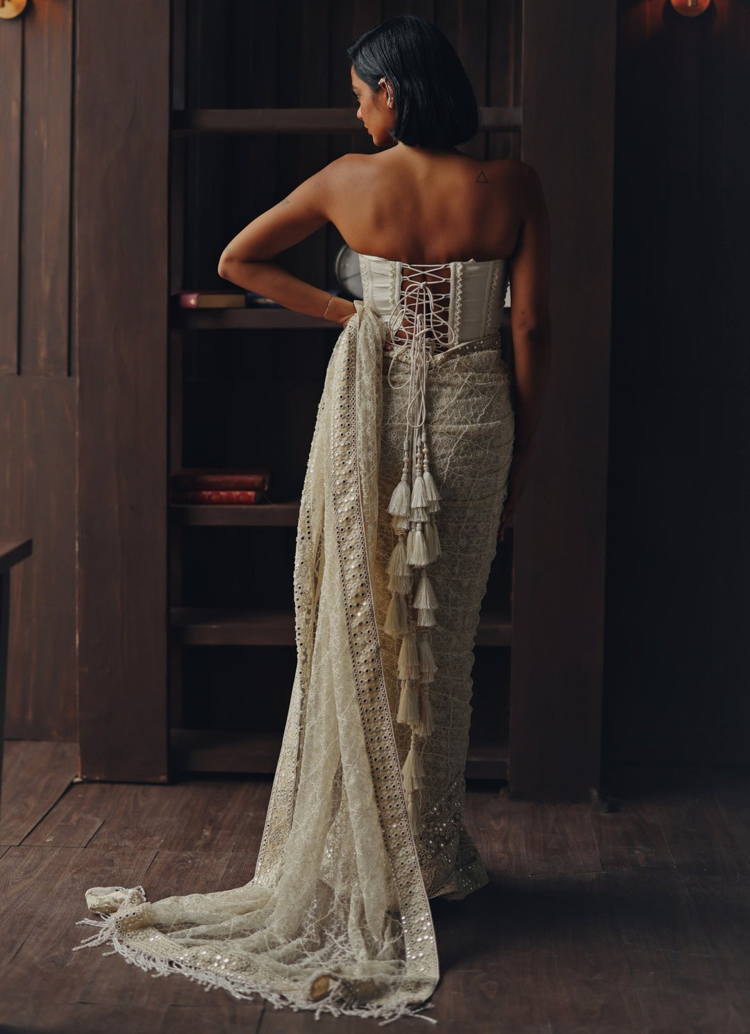 Ivory Embroidered Soft Net Saree With Corset Twenty Nine - Fabilicious Fashion