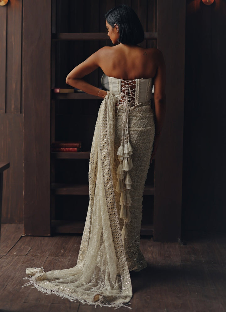 Ivory Embroidered Soft Net Saree With Corset Twenty Nine - Fabilicious Fashion